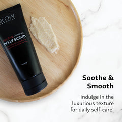 6 oz Glow Organics belly scrub tube on clean counter.