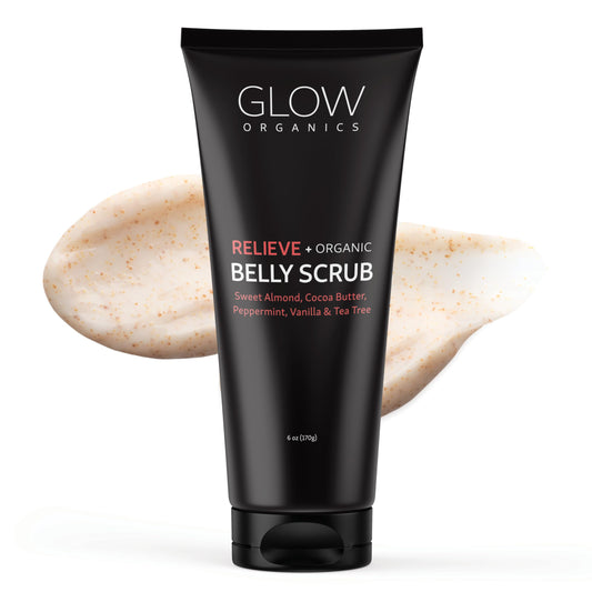 Glow Organics Exfoliating Belly Scrub bottle showing smooth skin after use.