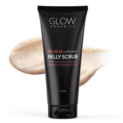 Glow Organics Exfoliating Belly Scrub bottle showing smooth skin after use.