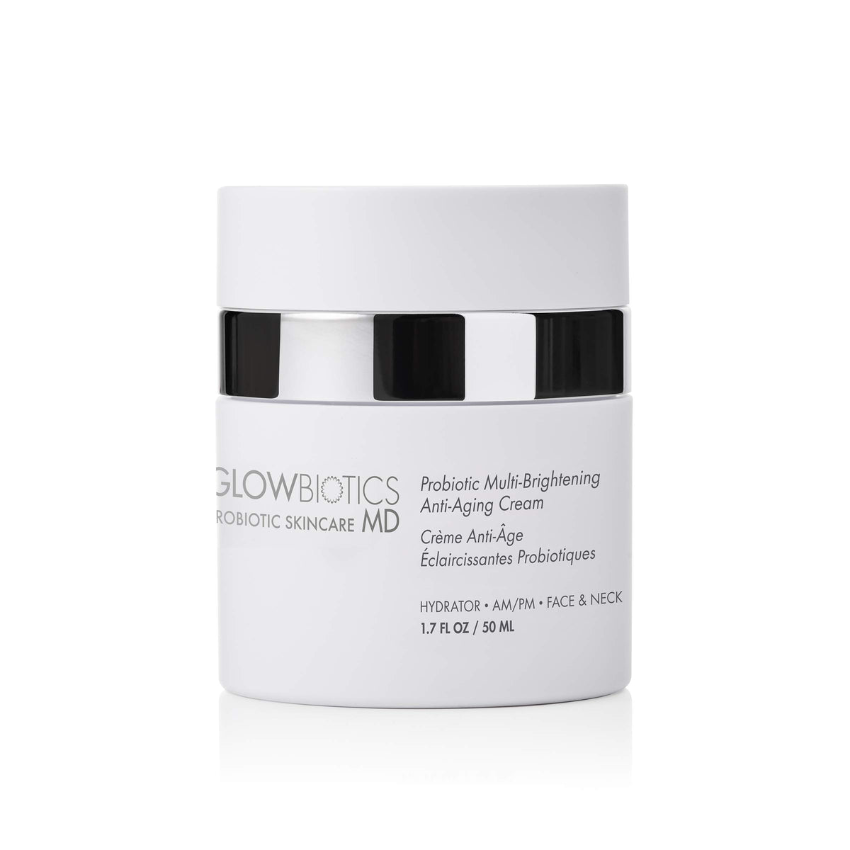 Glowbiotics bottle closeup highlighting probiotic brightening cream for daily skincare