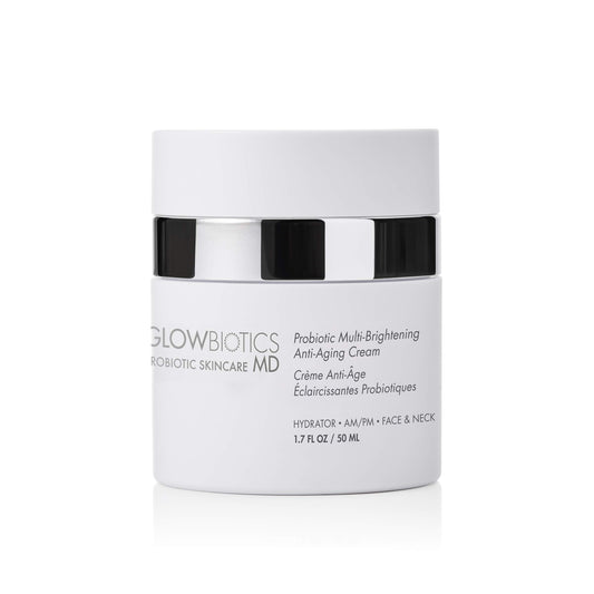 Glowbiotics bottle closeup highlighting probiotic brightening cream for daily skincare