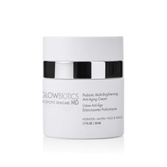 Glowbiotics bottle closeup highlighting probiotic brightening cream for daily skincare