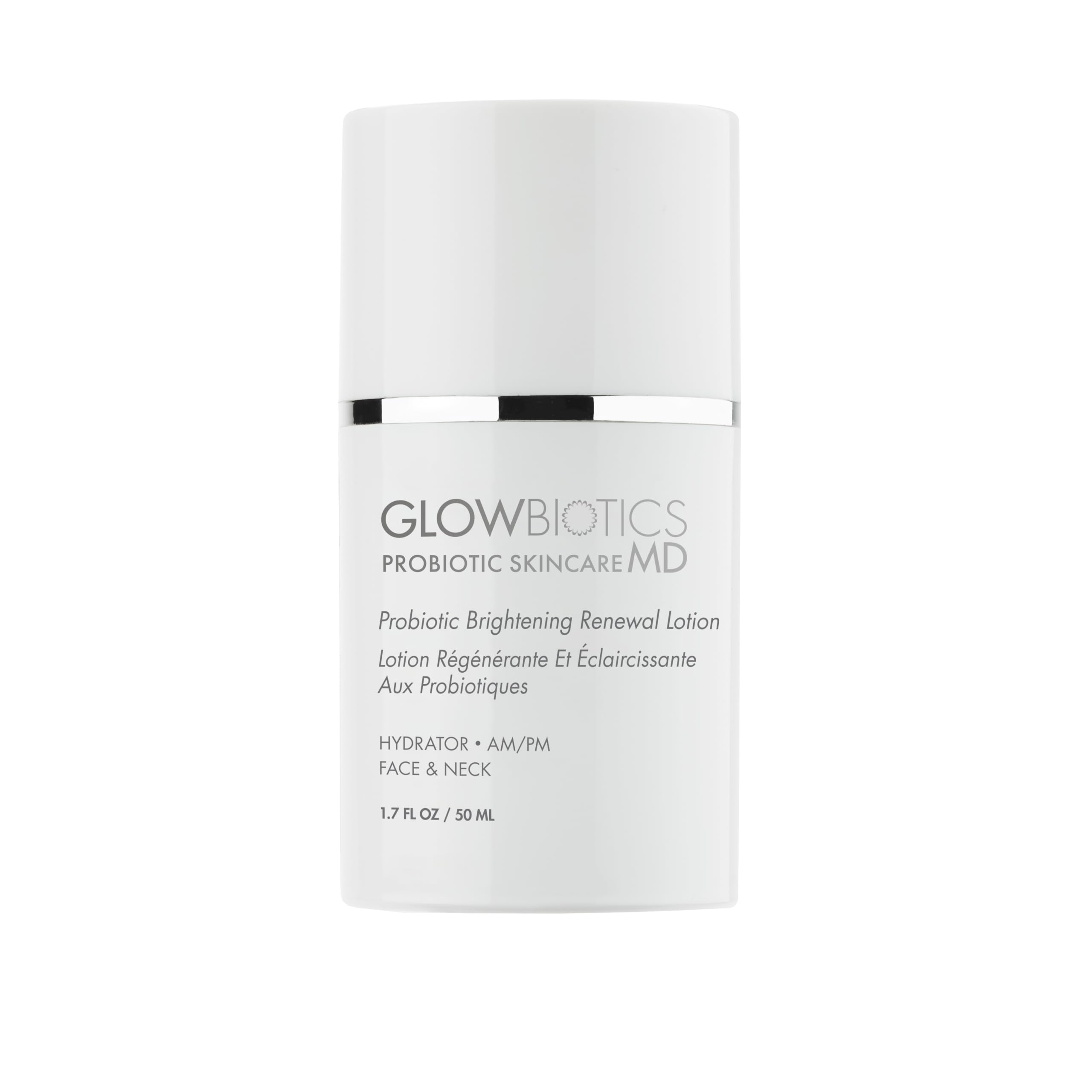 Glowbiotics Brightening Renewal Lotion bottle showcases a lightweight texture for daily hydration