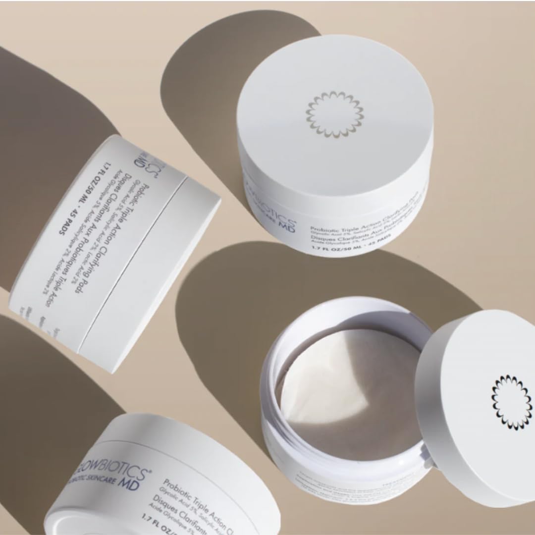 Glowbiotics Clarifying Pads ingredients panel emphasizing 5% Glycolic and 2% Salicylic for exfoliation.