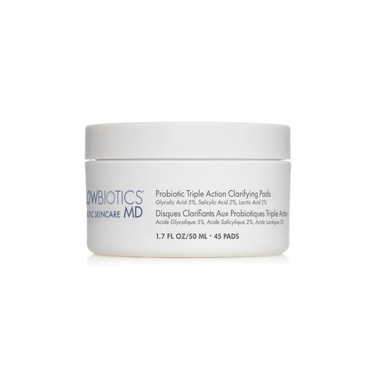 Glowbiotics Clarifying Pads packshot showing sleek packaging and triple action formula for clearer pores.