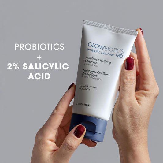 Glowbiotics Probiotic Clarifying Cleanser with 2% BHA for oil control.