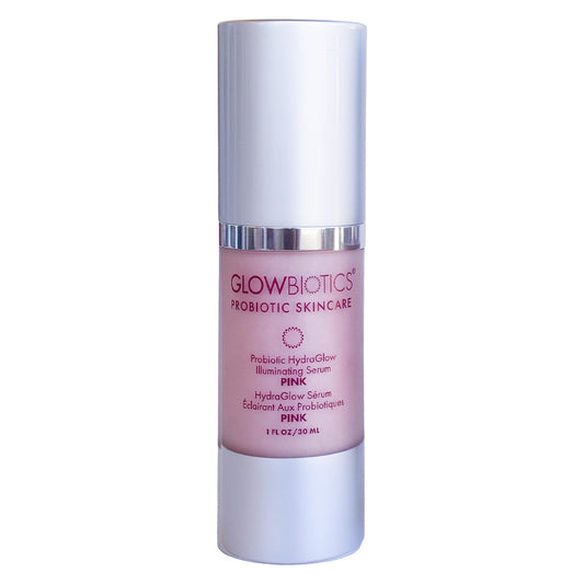 Glowbiotics HydraGlow serum bottle with luxe packaging for radiant skin.
