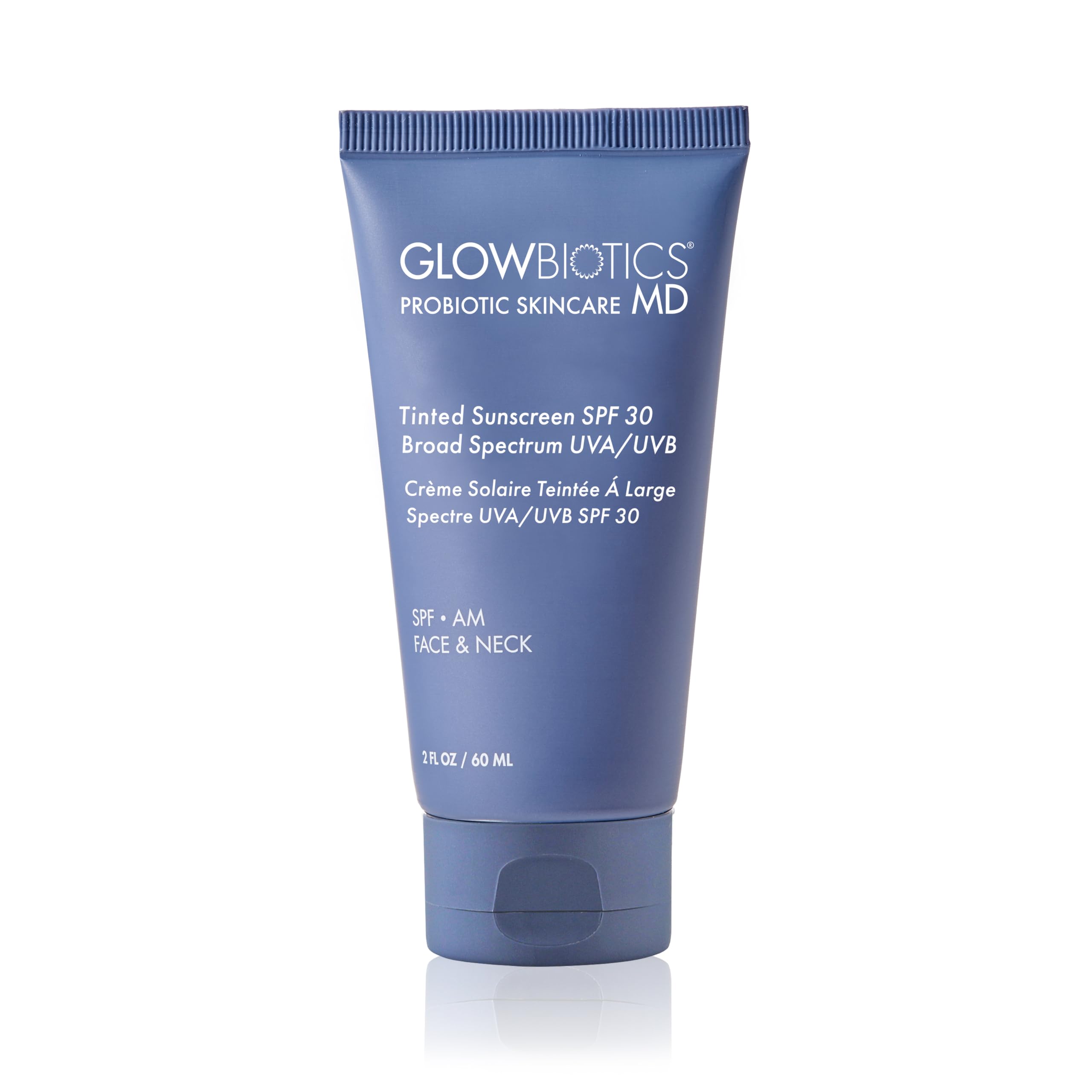 Glowbiotics tinted reef-safe sunscreen bottle with mineral SPF for daily protection.
