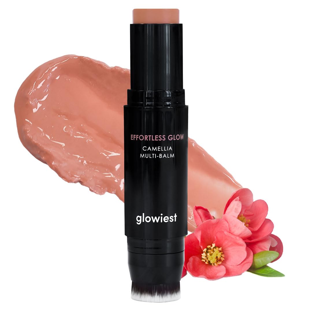 Glowiest Effortless Glow Camellia Multi-Balm Rosy Mauve on cheeks and lips for dewy color.