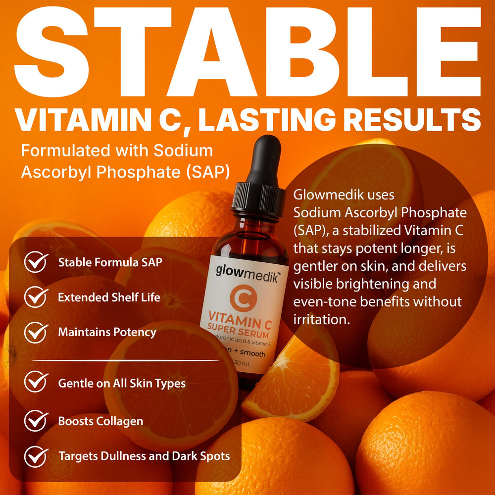 GlowMedik Vitamin C Serum being applied to the face for even tone.