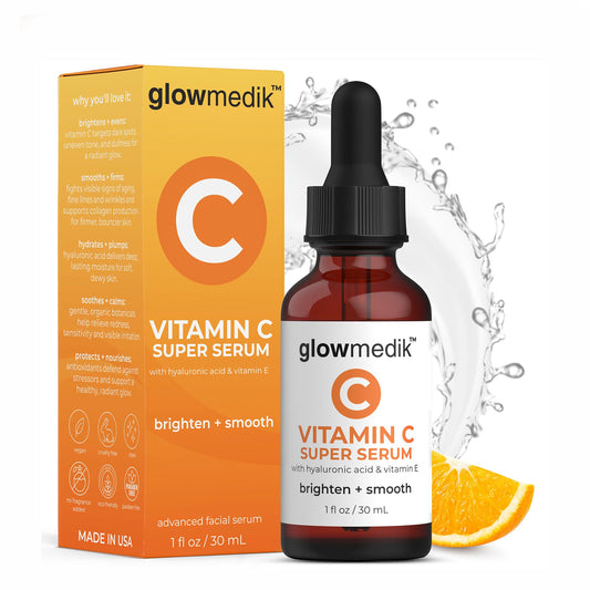 GlowMedik Vitamin C Serum bottle with pump for brightening and even skin tone.