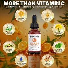 GlowMedik Vitamin C Serum package highlighting stabilized vitamin C and hyaluronic acid.