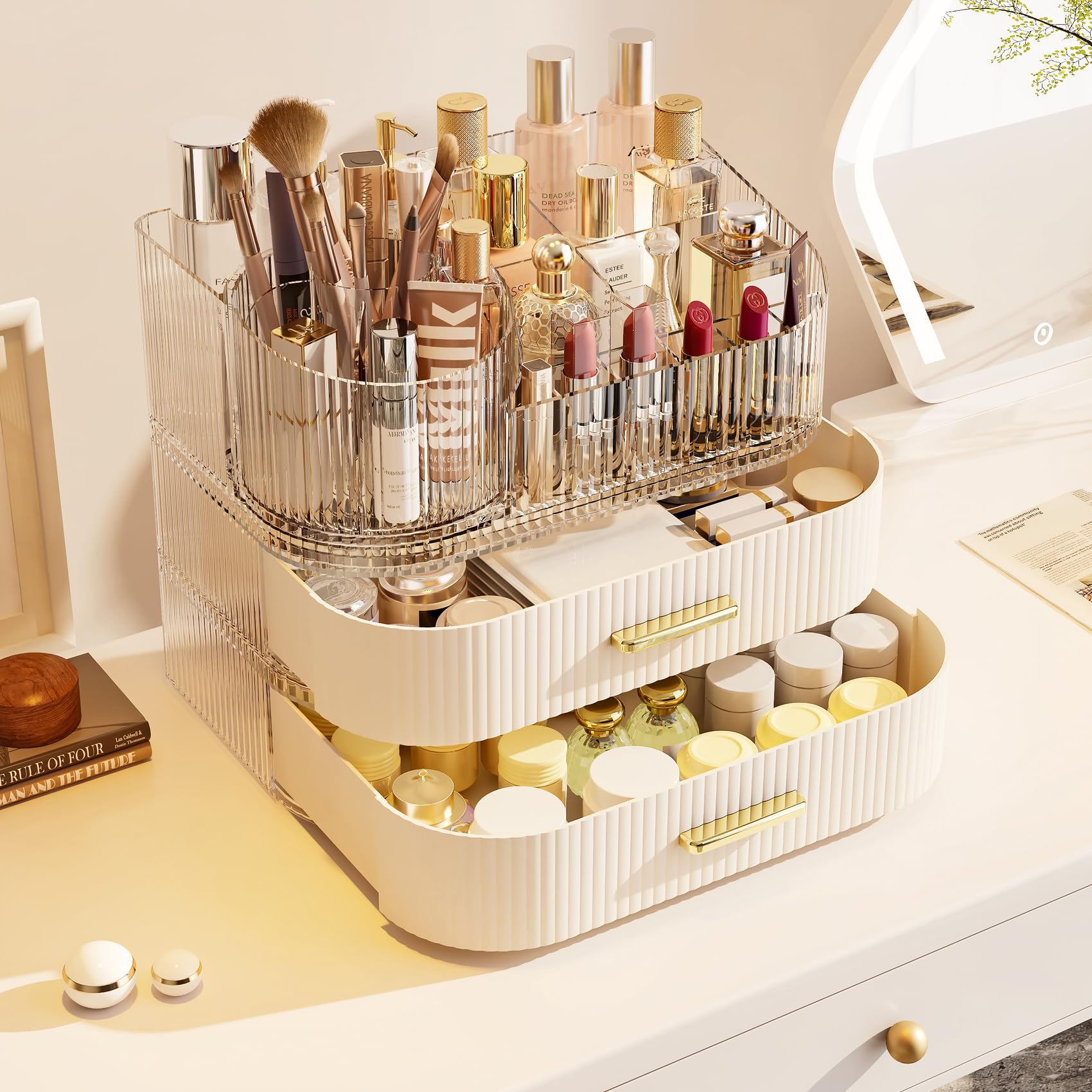 Glowspire makeup organizer large capacity fits palettes, serums, and accessories for a tidy vanity.