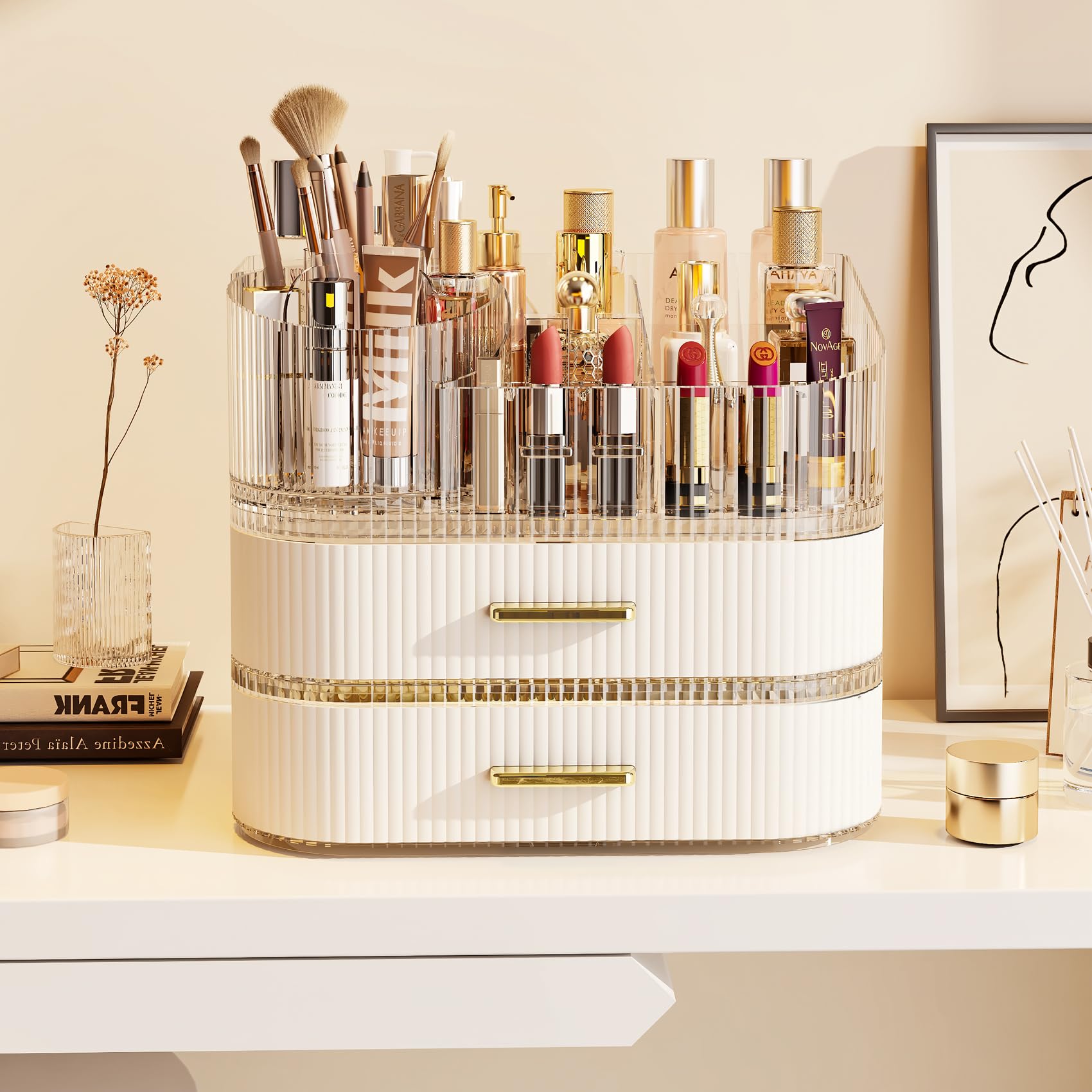 Glowspire makeup organizer with stackable drawers provides lipstick and compact storage for a neat vanity.