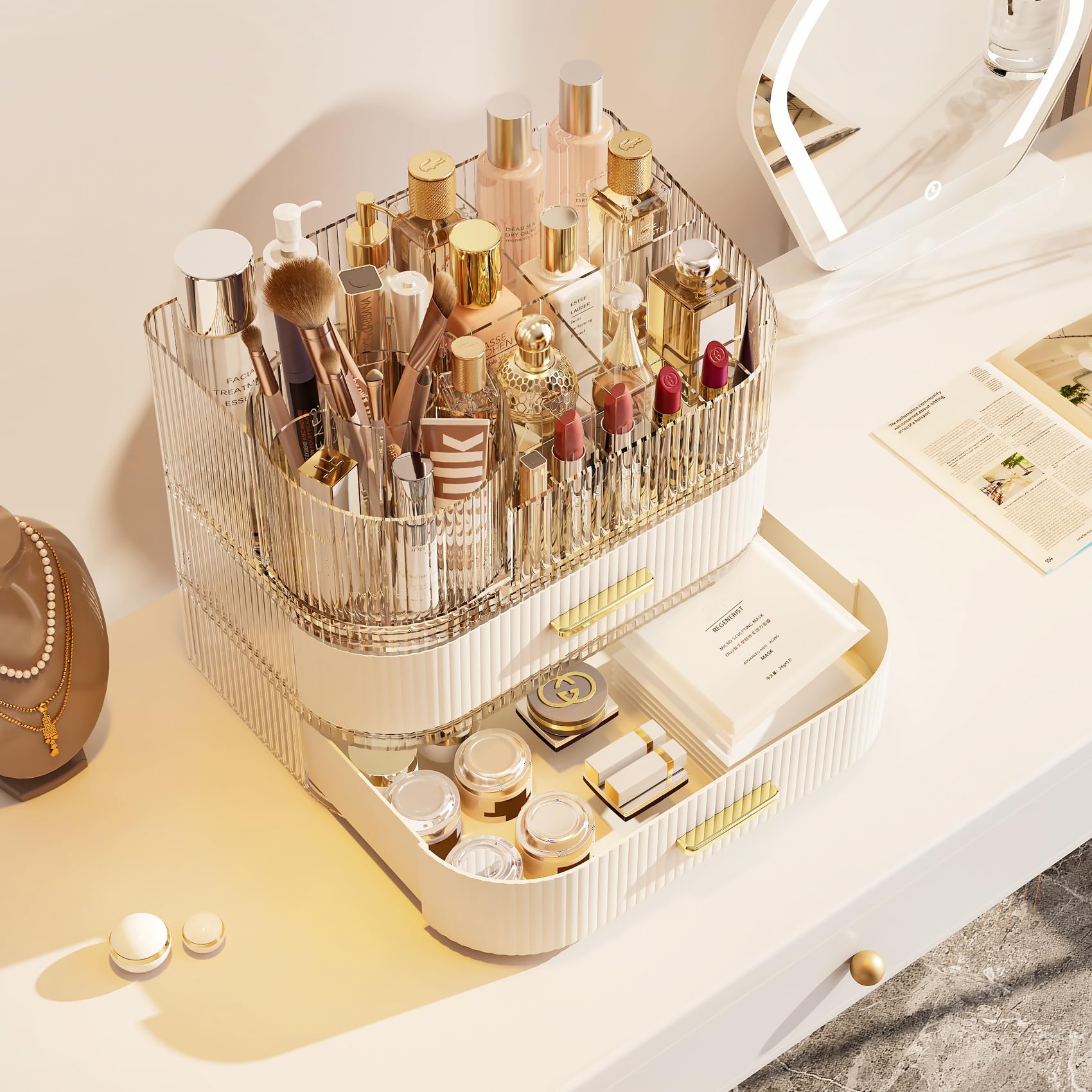 Glowspire makeup organizer on vanity display keeps tools and accessories within easy reach.
