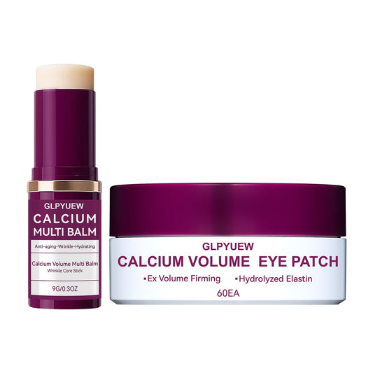 GLPYUEW calcium multi balm stick and hydrogel under-eye patches for hydrating and smoothing the eye area.
