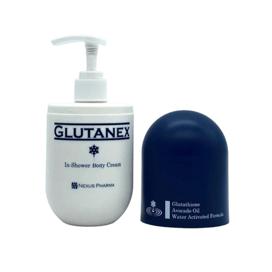 Glutanex In-Shower Body Cream being applied for silky, hydrated skin in minutes.