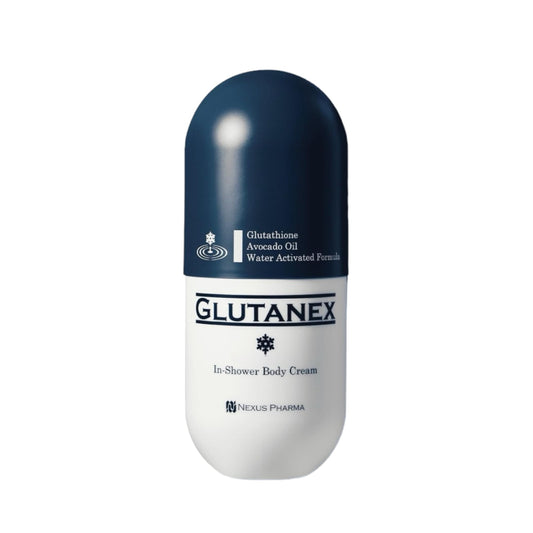 Glutanex In-Shower Body Cream packaging on a clean bathroom shelf for quick hydration.