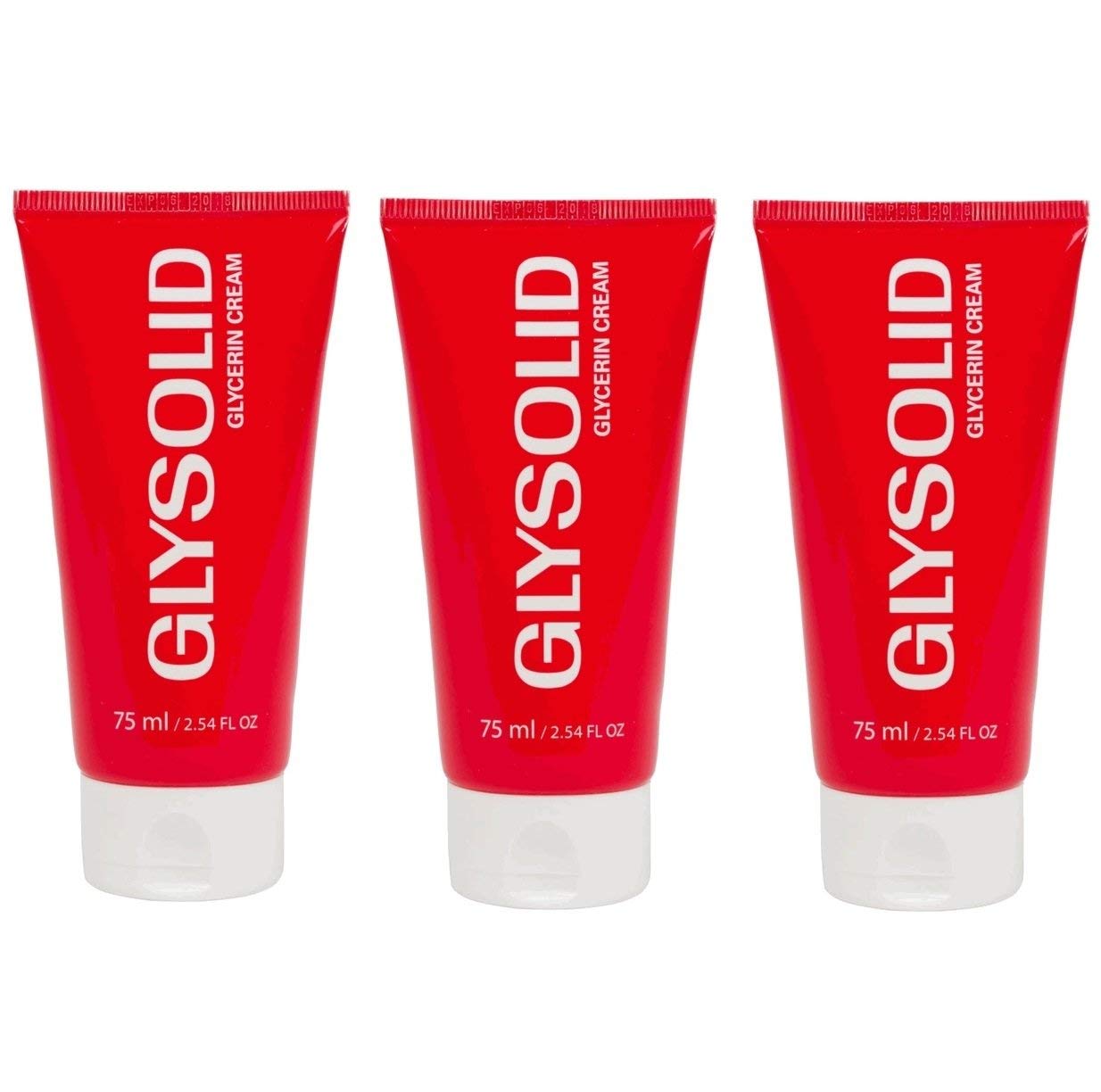 Glysolid glycerin skin cream triple-pack tubes for all-day hydration.