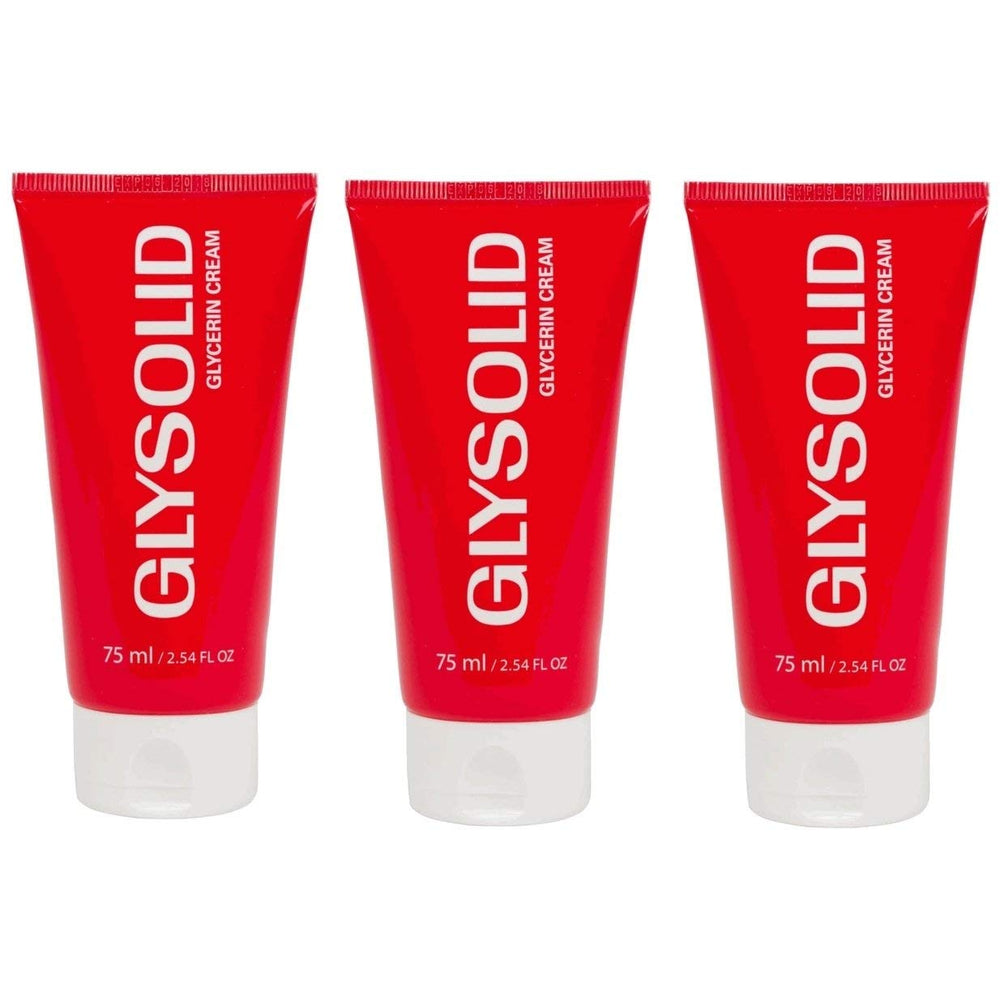 Glysolid glycerin skin cream triple-pack tubes for all-day hydration.