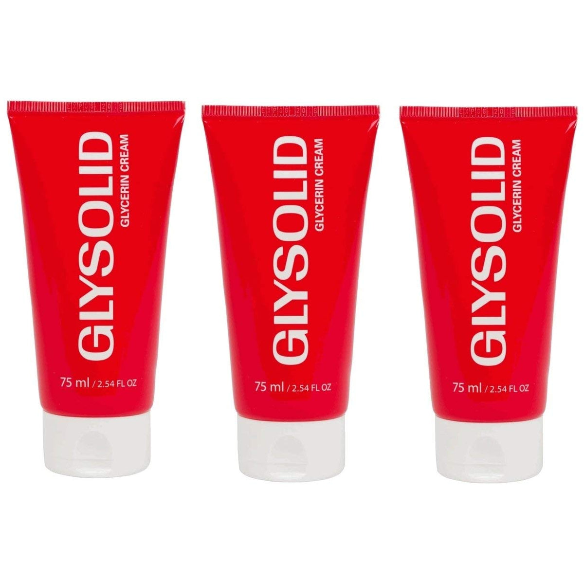 Glysolid glycerin skin cream triple-pack tubes for all-day hydration.