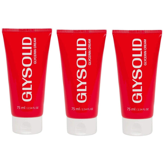 Glysolid glycerin skin cream triple-pack tubes for all-day hydration.