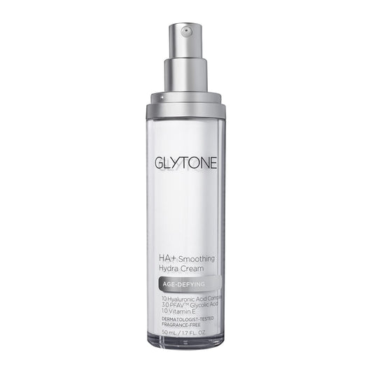 GLYTONE Age-Defying HA+ smoothing Hydra Cream pot close-up highlighting rich hydration for daily use