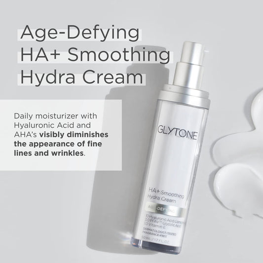 GLYTONE Age-Defying HA+ smoothing Hydra Cream dispenser pump showing easy application
