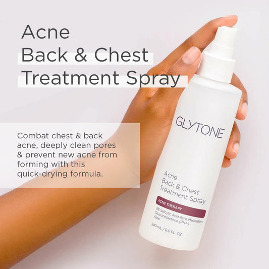 GLYTONE back chest acne spray mist bottle for targeted coverage.