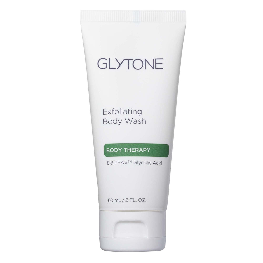 GLYTONE Glycolic Acid Body Wash bottle shows fragrance-free exfoliation for dry skin.
