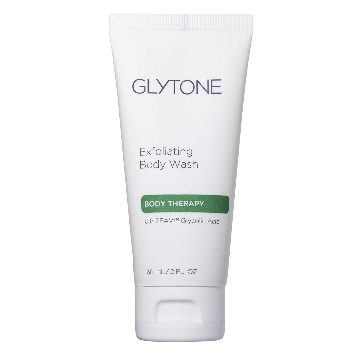 GLYTONE Glycolic Acid Body Wash bottle shows fragrance-free exfoliation for dry skin.