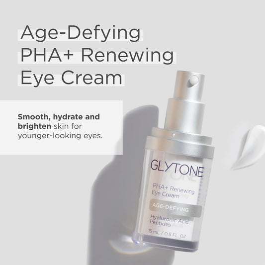 Glytone renewing eye cream dispensing tube highlighting ease of daily use.