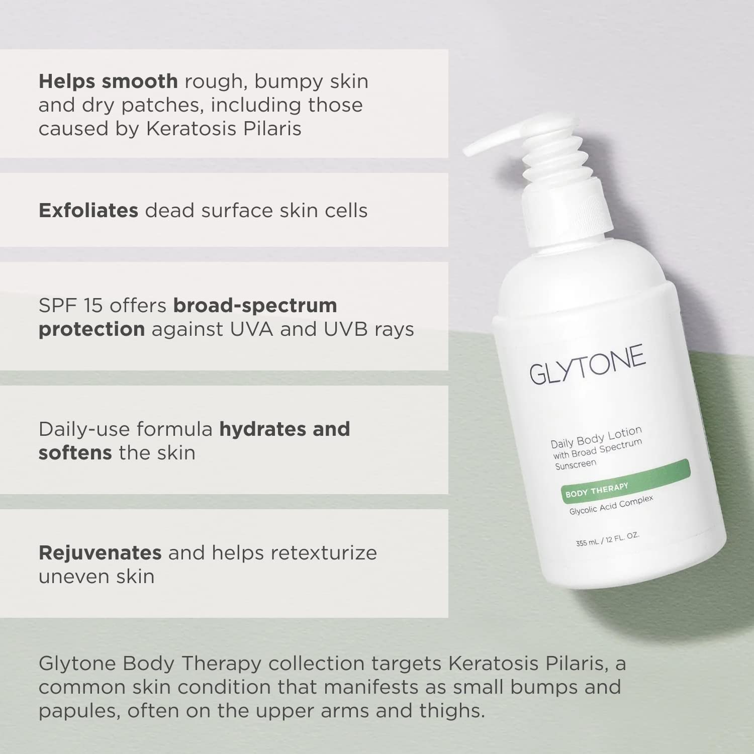 GLYTONE SPF15 protection icon highlighting UVA/UVB shield for daily use.
