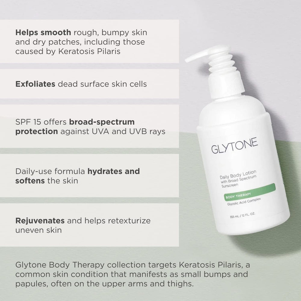 GLYTONE SPF15 protection icon highlighting UVA/UVB shield for daily use.