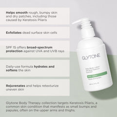 GLYTONE SPF15 protection icon highlighting UVA/UVB shield for daily use.