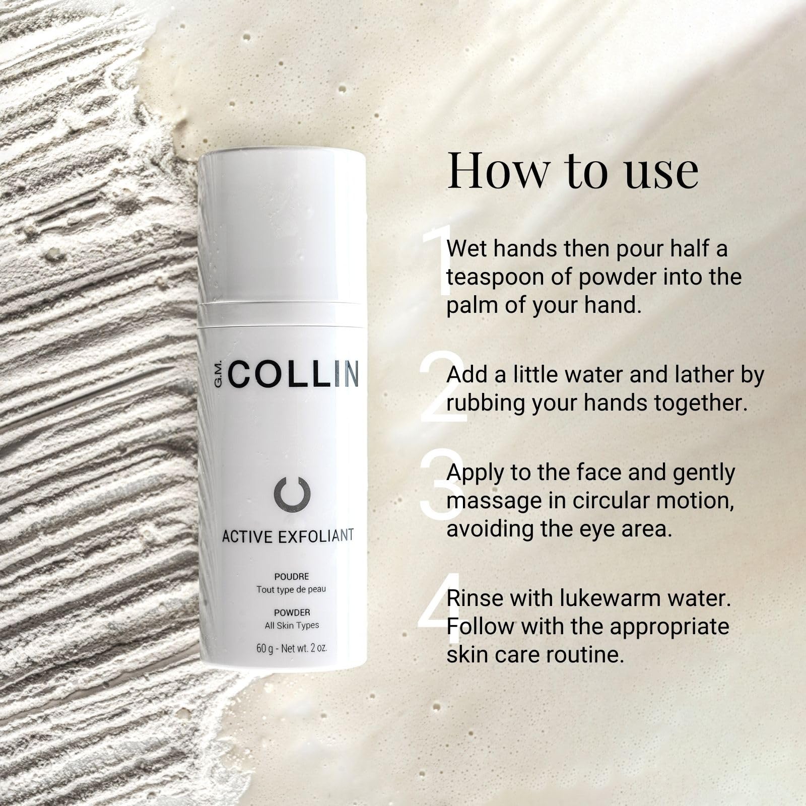 G.M. COLLIN Active Exfoliant Powder face application demonstrates daily use.