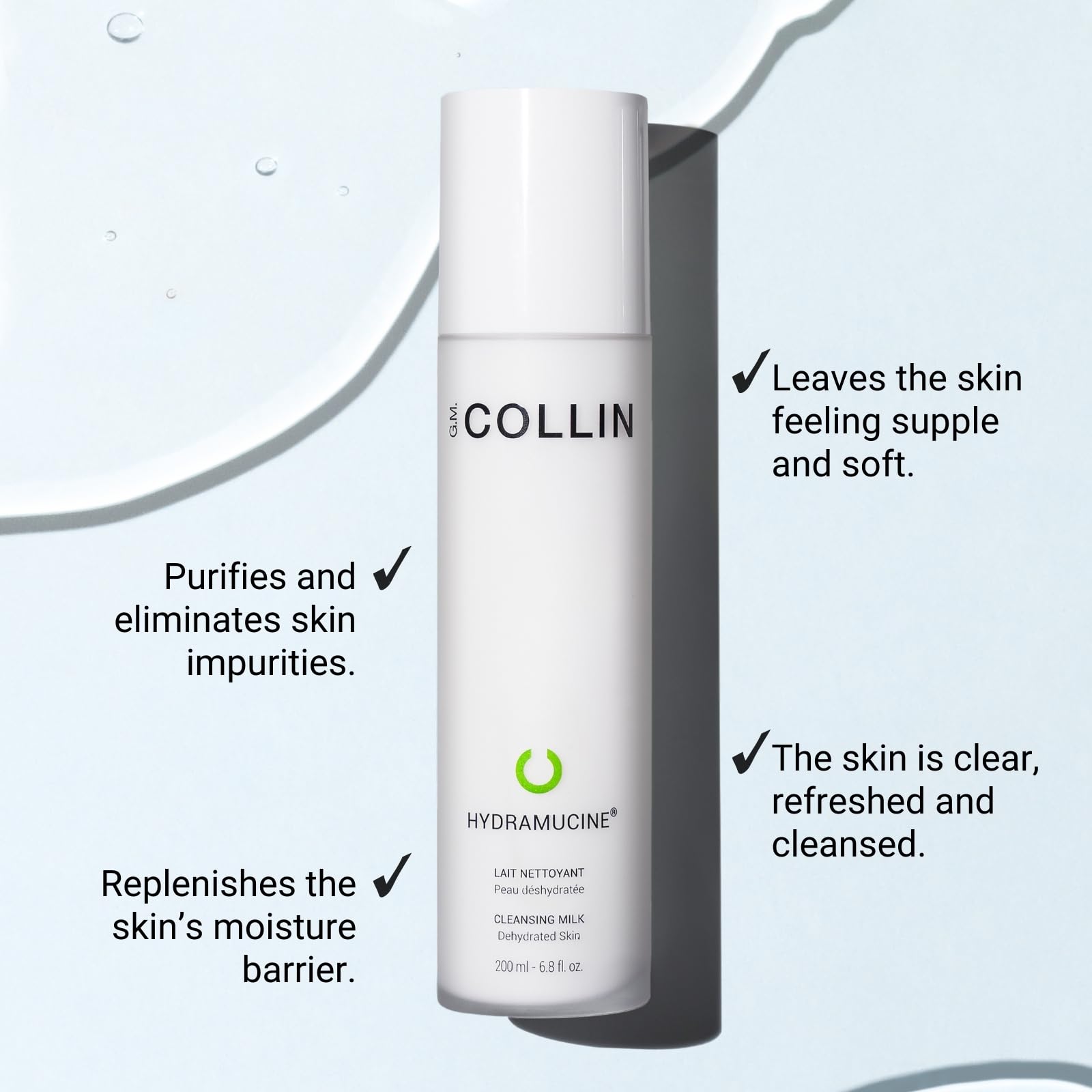 GM Collin Hydramucine Cleansing Milk texture swatch showing creamy emulsion for sensitive skin