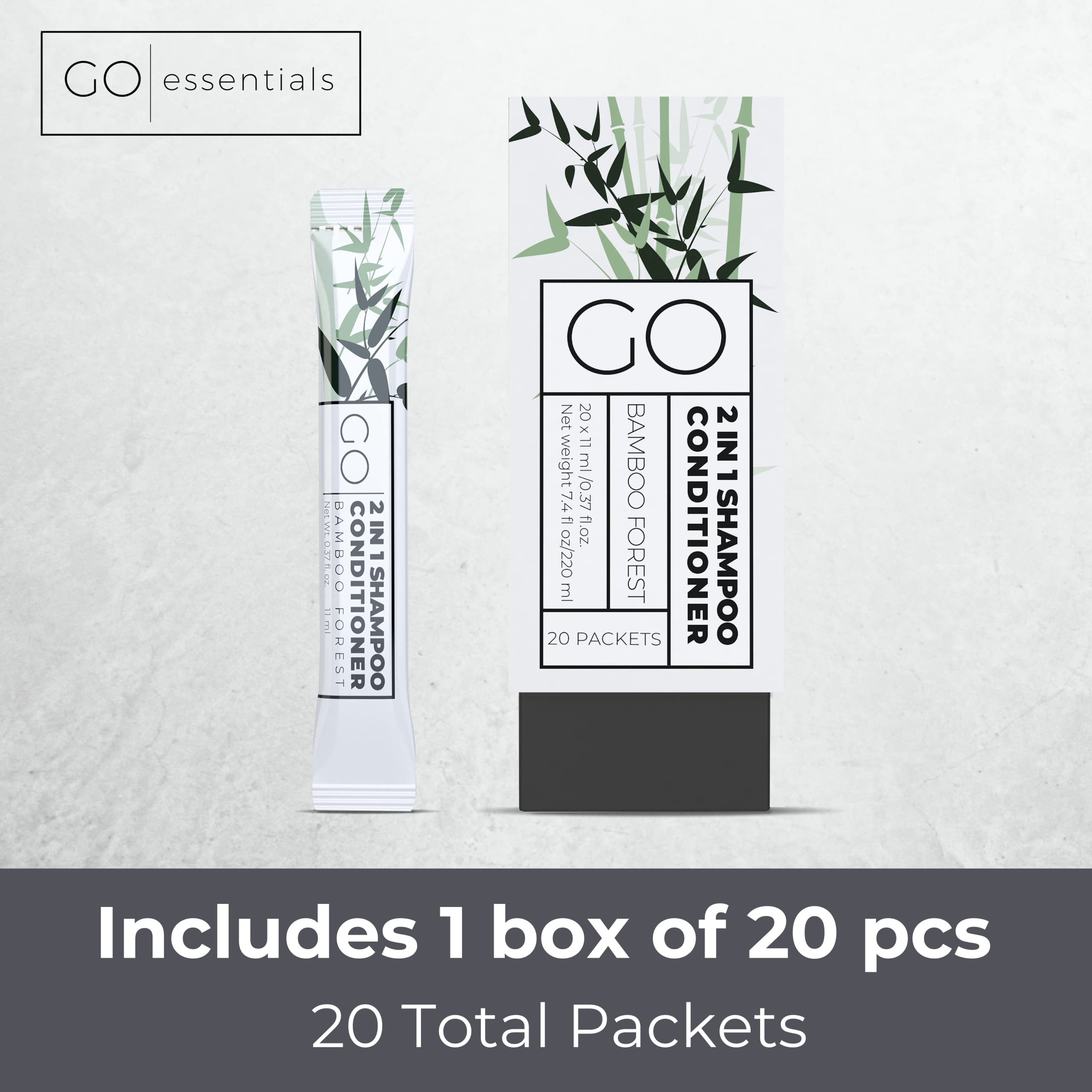 Go Essentials 20-pack travel sachets – stacked display, perfect for donation kits
