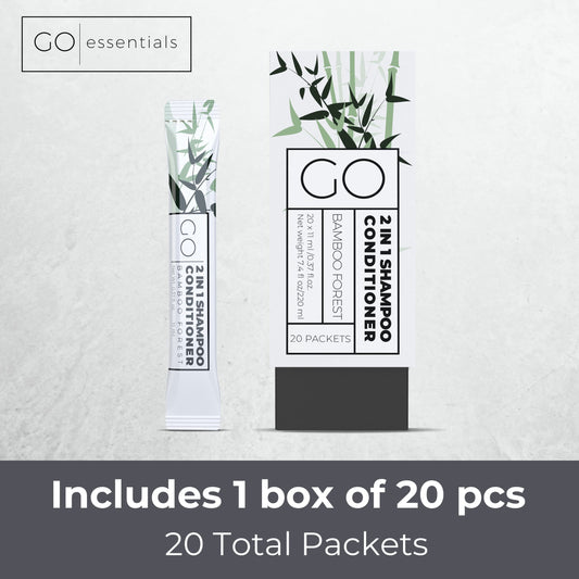 Go Essentials 20-pack travel sachets – stacked display, perfect for donation kits