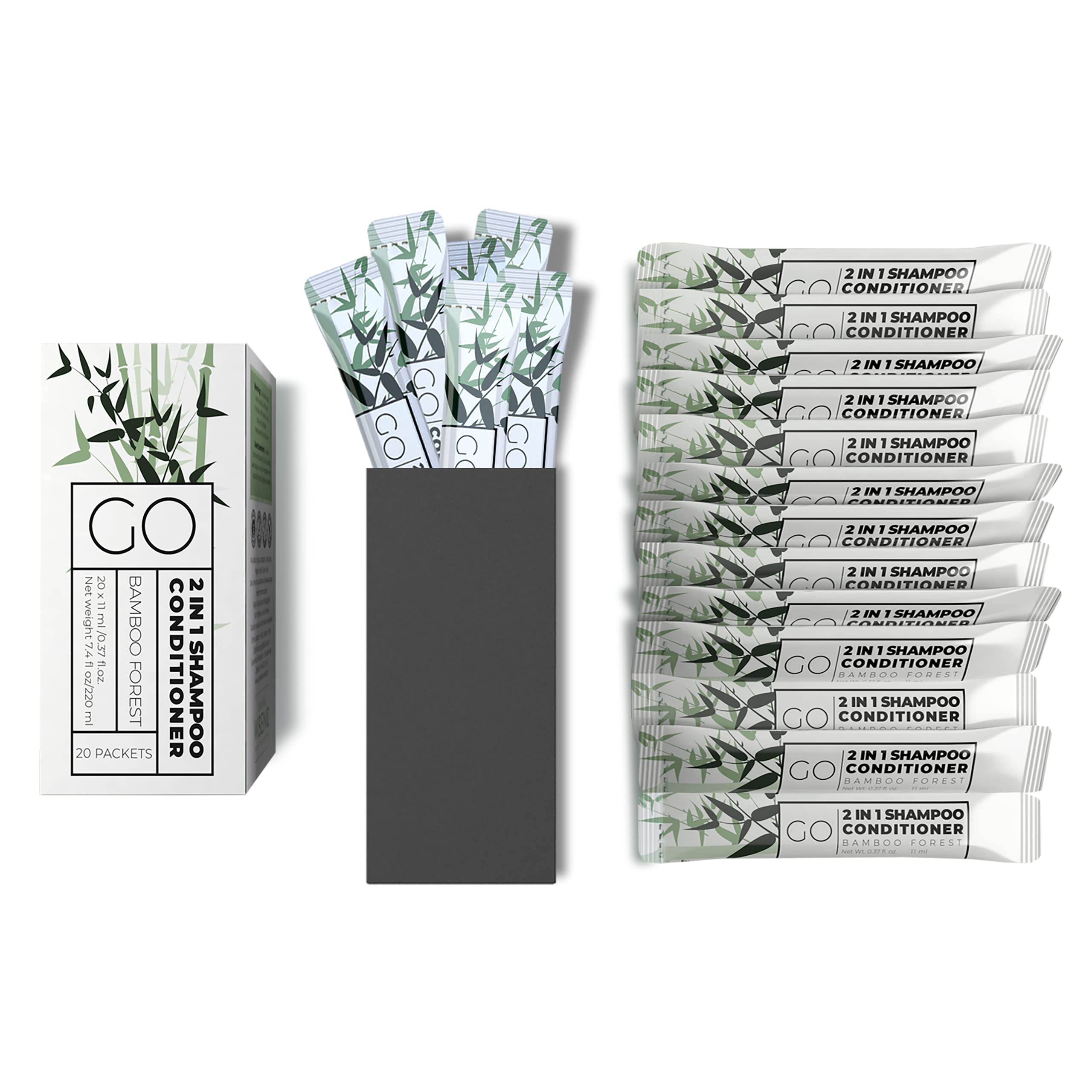 Go Essentials 2-in-1 travel shampoo and conditioner packets – front view, ideal for hotel amenities