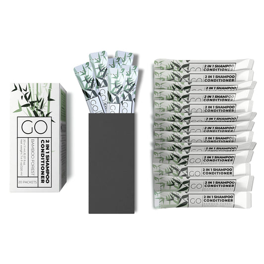 Go Essentials 2-in-1 travel shampoo and conditioner packets – front view, ideal for hotel amenities