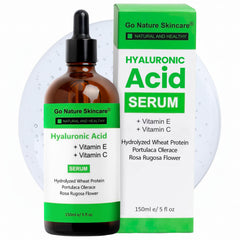 Go Nature Skincare Hyaluronic Serum bottle showing deep hydration for all skin types.