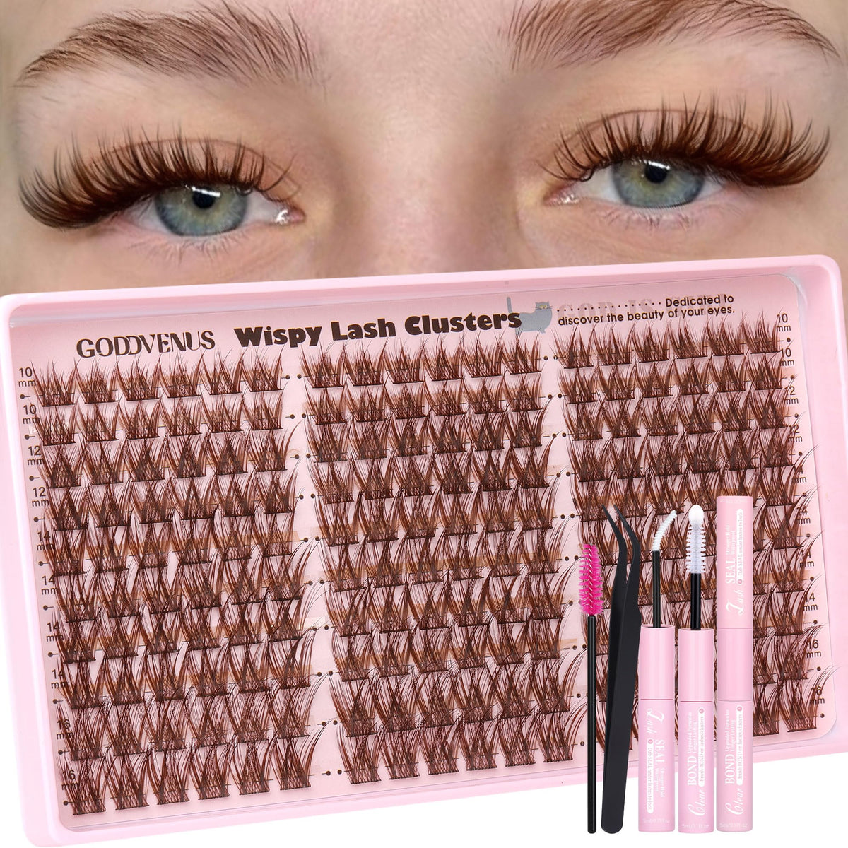 Goddvenus Brown Wispy Lash Clusters Kit – tweezers for precise DIY application and natural look.