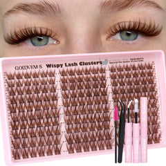 Goddvenus Brown Wispy Lash Clusters Kit – tweezers for precise DIY application and natural look.