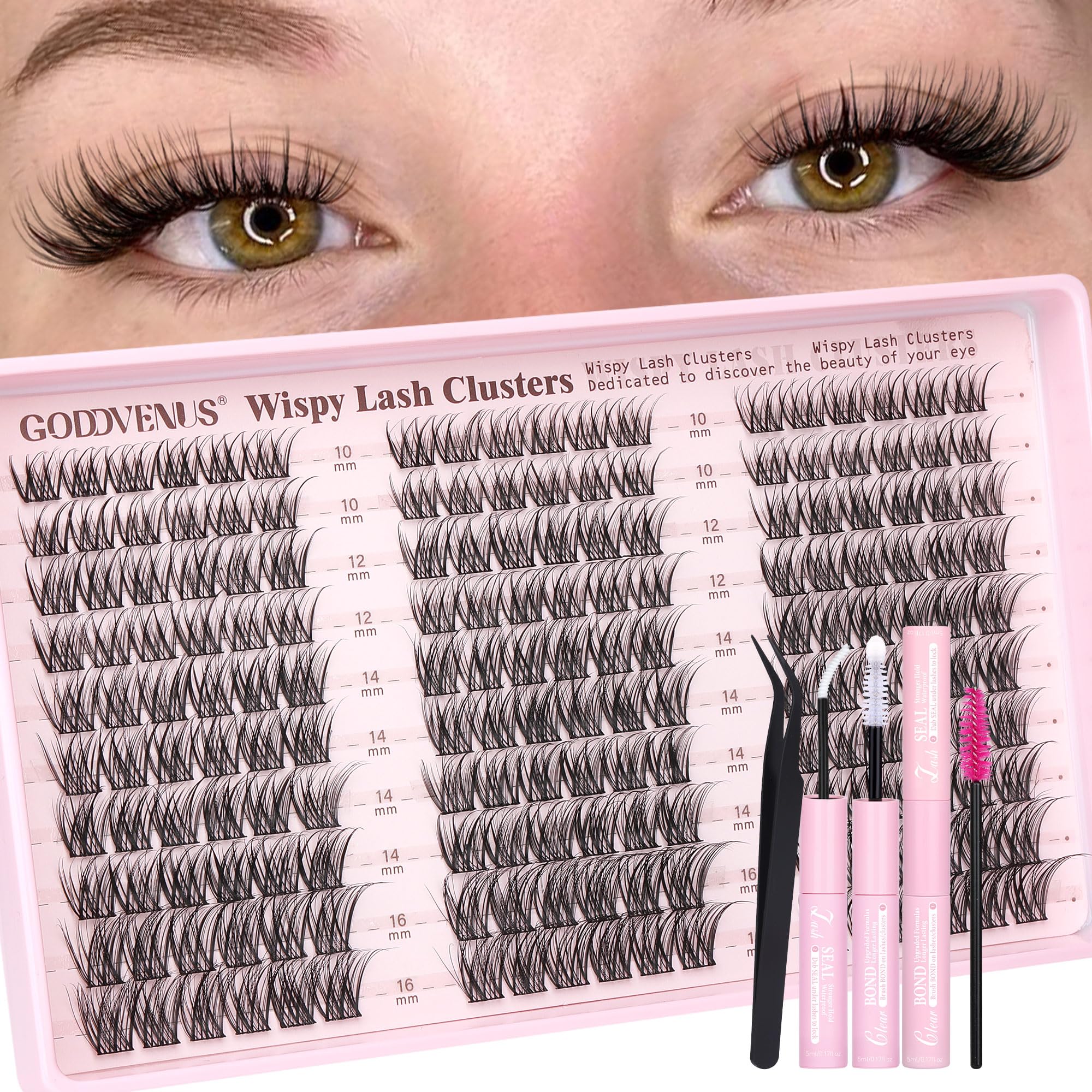 Goddvenus Wispy Lash Clusters Kit showing 180 natural lashes for subtle volume.