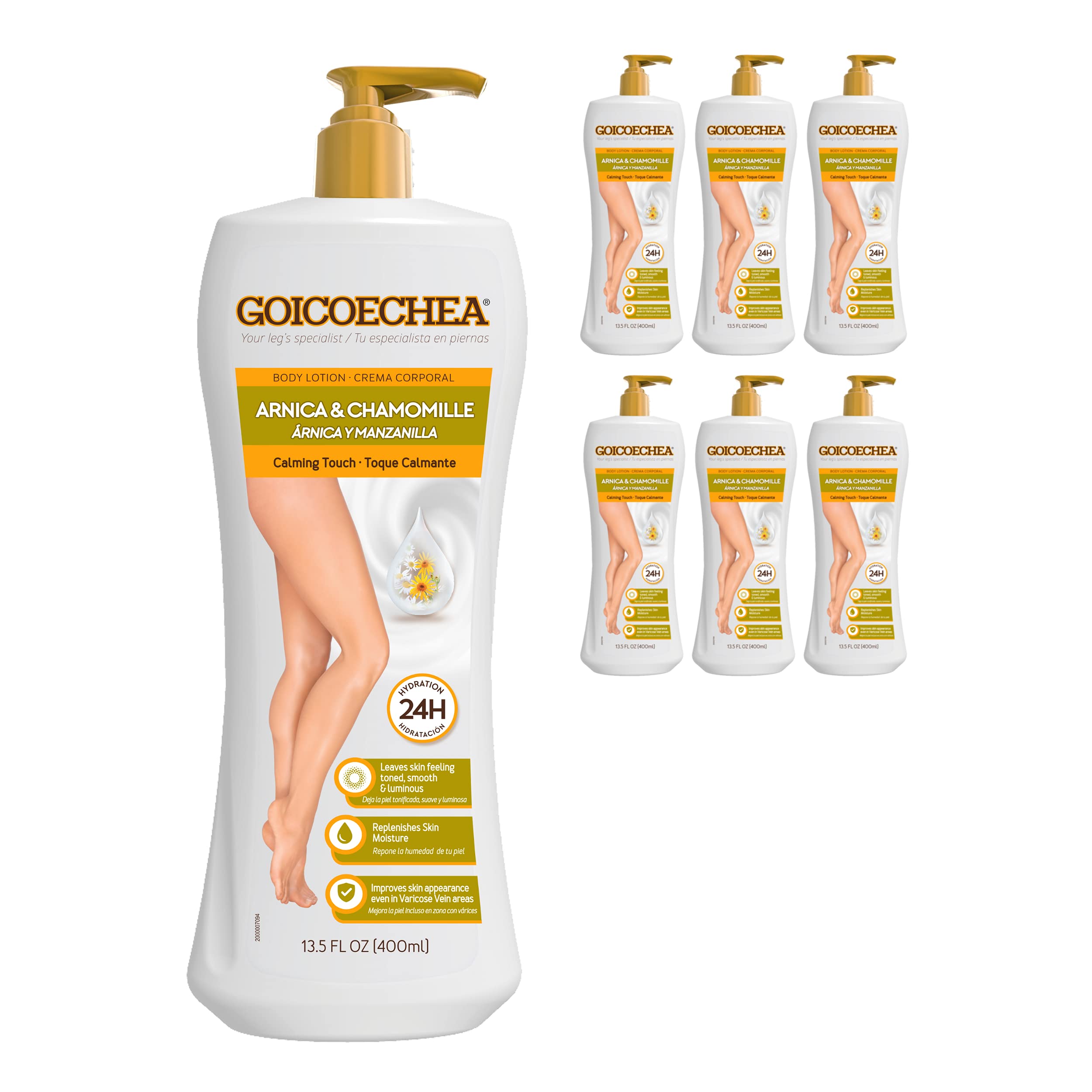 Goicoechea Arnica Body Lotion bottle delivering soothing hydration for tired legs.