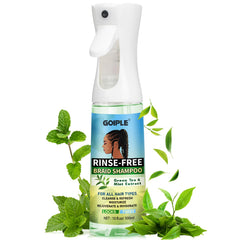 Goiple 10oz rinse-free shampoo bottle pour demonstrates easy, water-free cleansing for braids.