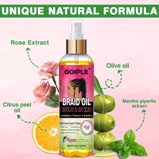 Goiple Braid Oil deeply moisturizes a dry scalp to reduce frizz.