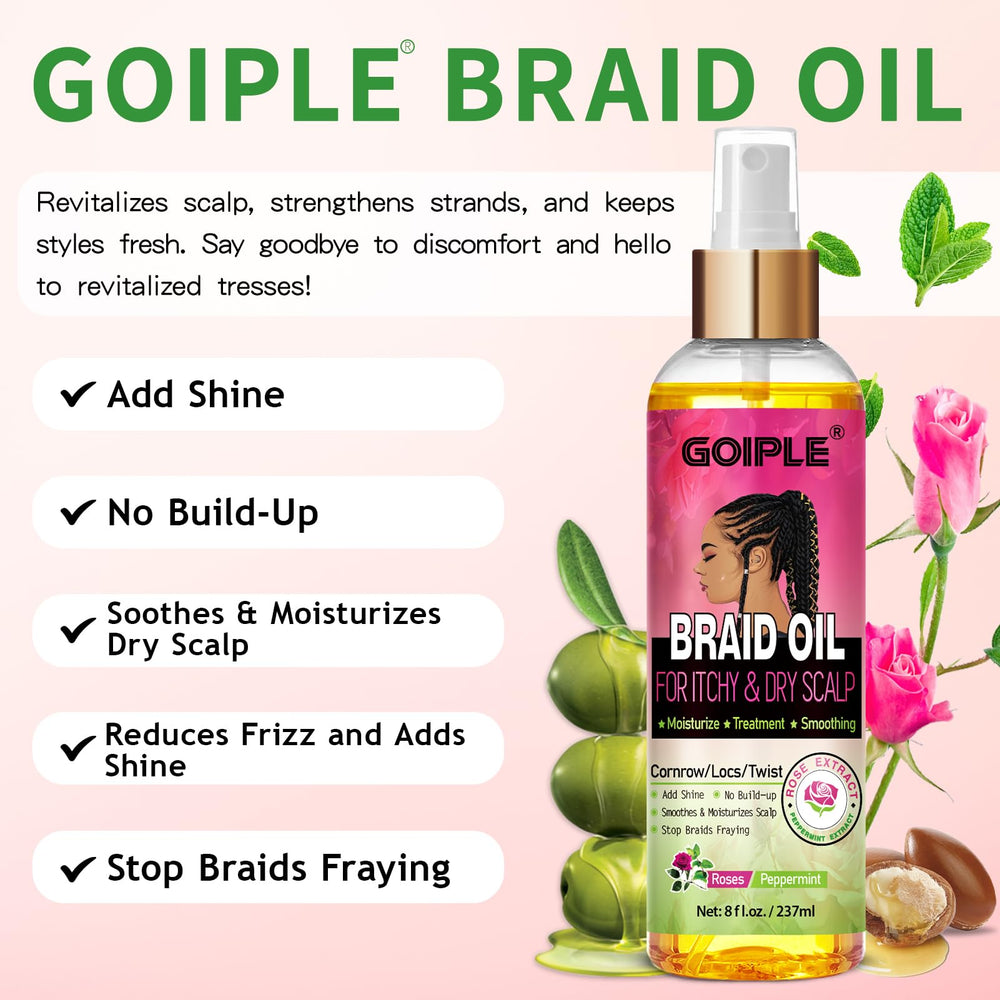 Goiple Braid Oil adds shine and helps prevent braids fraying.