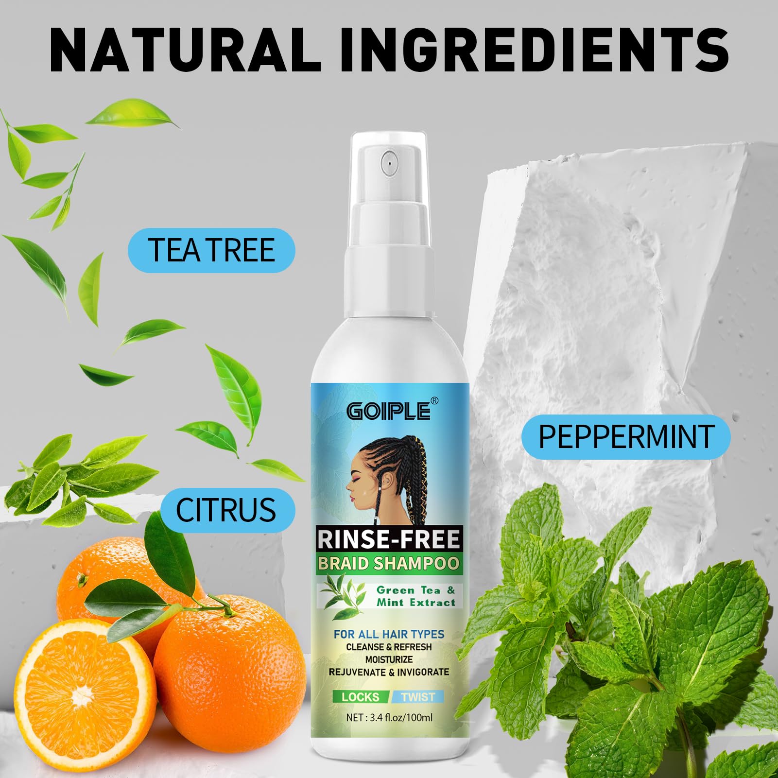 Goiple Braid Spray closeup of Rose Mint ingredients for hydration